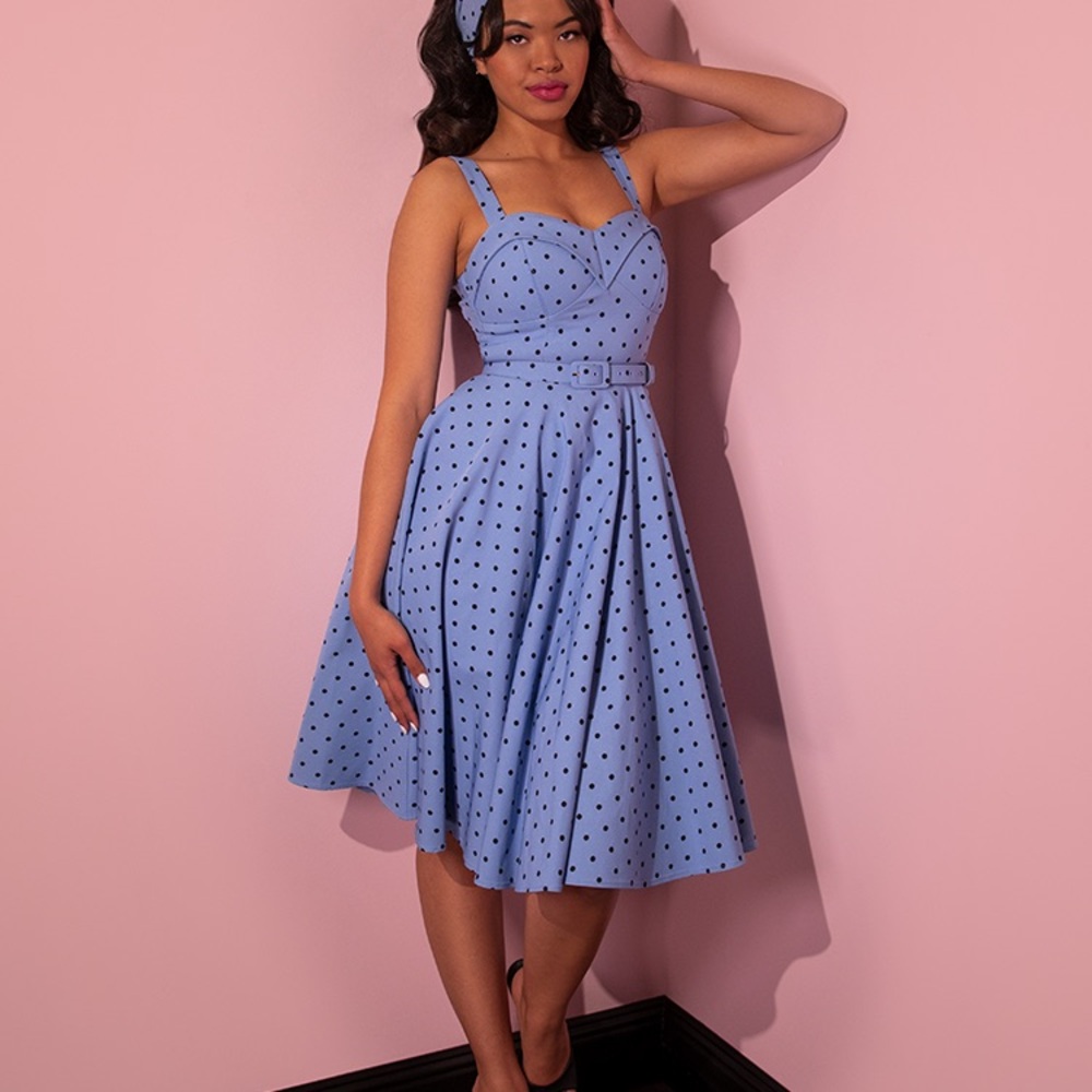 Vixen by Micheline Pitt Blue Polka Dot Swing Dress - Picture 9 of 16